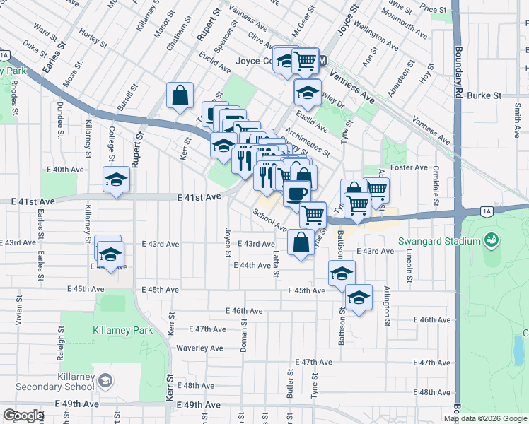 map of restaurants, bars, coffee shops, grocery stores, and more near 3253 School Avenue in Vancouver