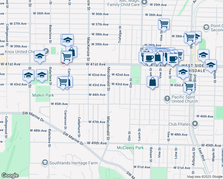 map of restaurants, bars, coffee shops, grocery stores, and more near 5950 Macdonald Street in Vancouver