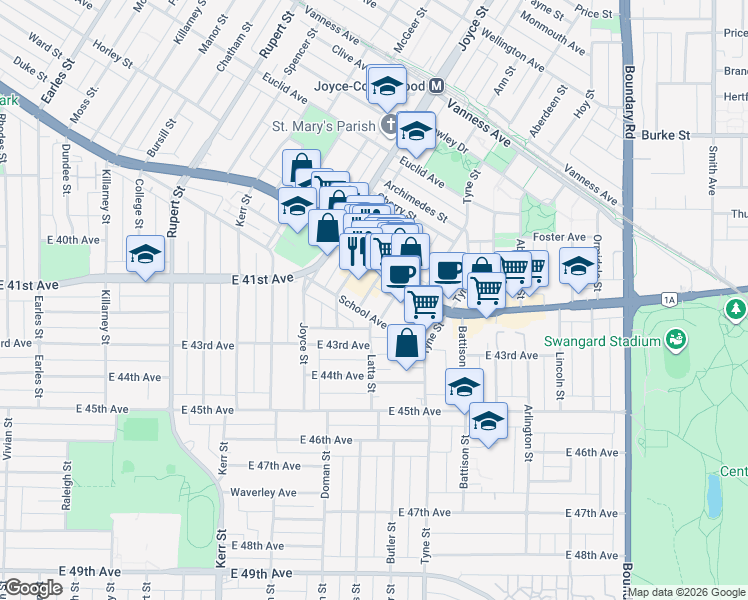 map of restaurants, bars, coffee shops, grocery stores, and more near 5625 Senlac Street in Vancouver