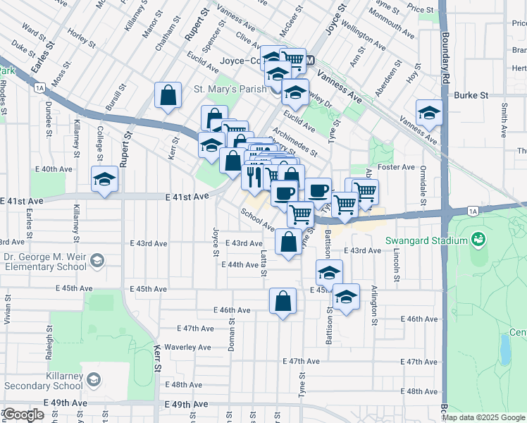 map of restaurants, bars, coffee shops, grocery stores, and more near 5698 Wessex Street in Vancouver