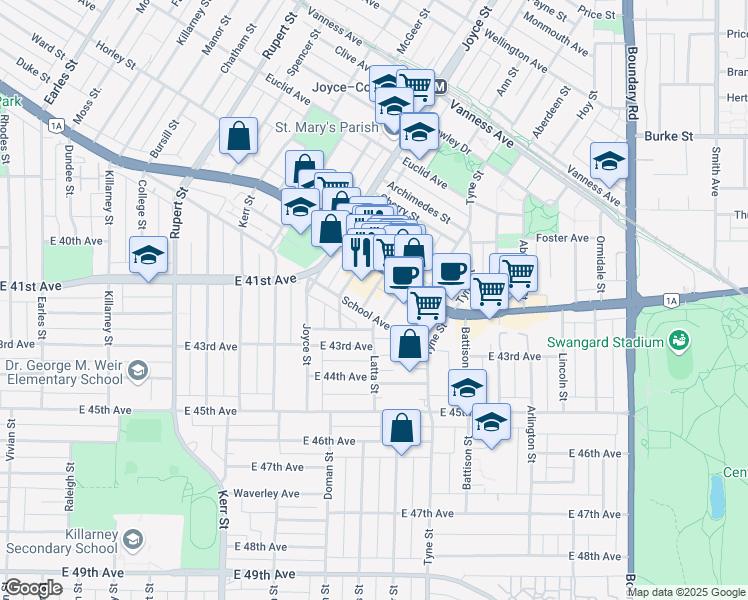 map of restaurants, bars, coffee shops, grocery stores, and more near 5698 Wessex Street in Vancouver