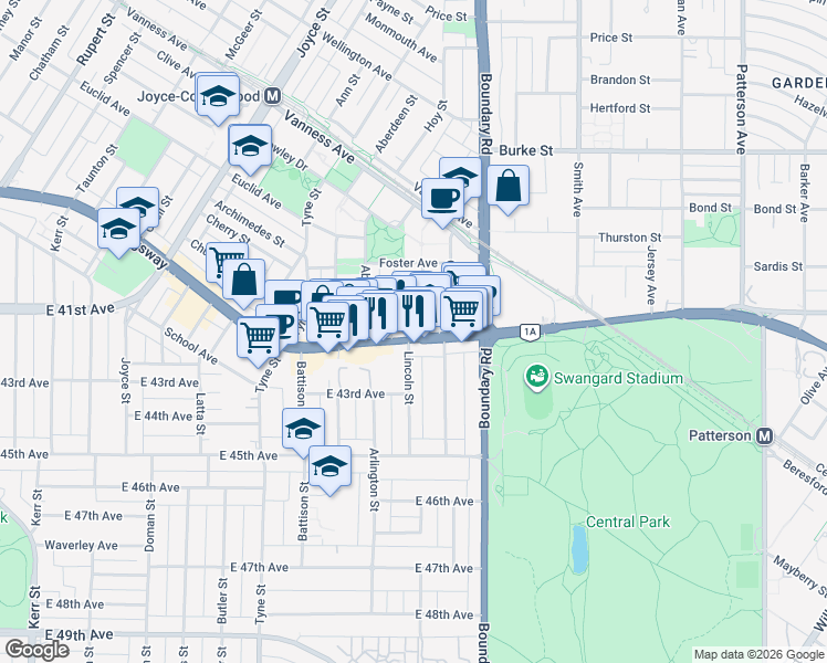 map of restaurants, bars, coffee shops, grocery stores, and more near 3583 Kingsway in Vancouver
