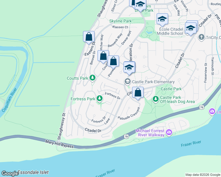 map of restaurants, bars, coffee shops, grocery stores, and more near 2615 Fortress Drive in Port Coquitlam