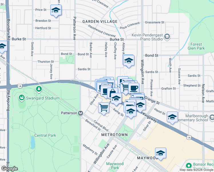 map of restaurants, bars, coffee shops, grocery stores, and more near 21 Halley Avenue in Burnaby