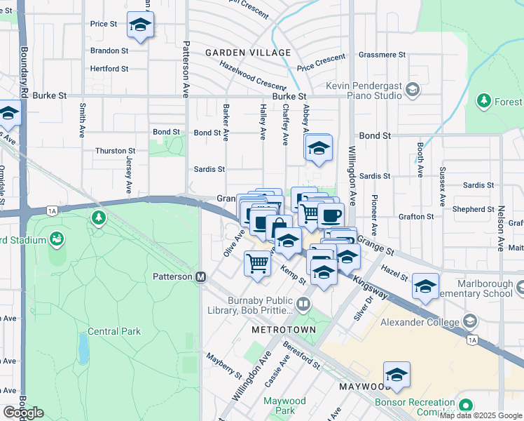 map of restaurants, bars, coffee shops, grocery stores, and more near 21 Halley Avenue in Burnaby