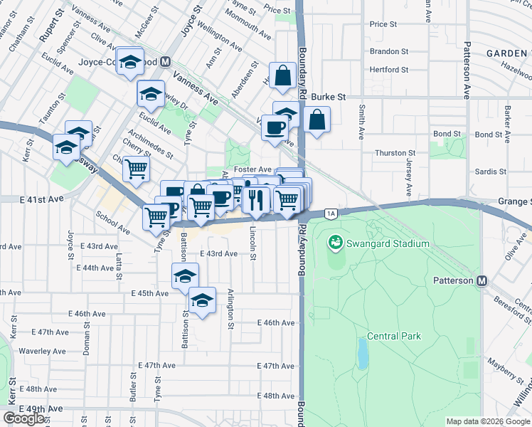 map of restaurants, bars, coffee shops, grocery stores, and more near 4688 Kingsway in Burnaby