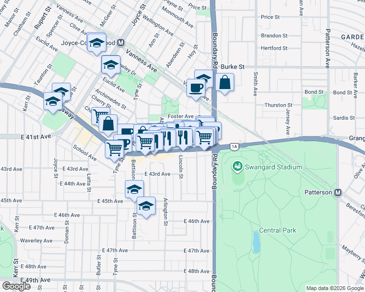 map of restaurants, bars, coffee shops, grocery stores, and more near 3583 Kingsway in Vancouver