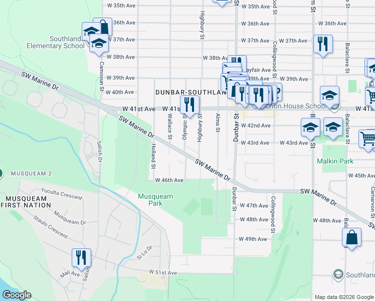 map of restaurants, bars, coffee shops, grocery stores, and more near 3843 Southwest Marine Drive in Vancouver