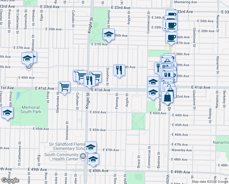 map of restaurants, bars, coffee shops, grocery stores, and more near 1588 East 41st Avenue in Vancouver