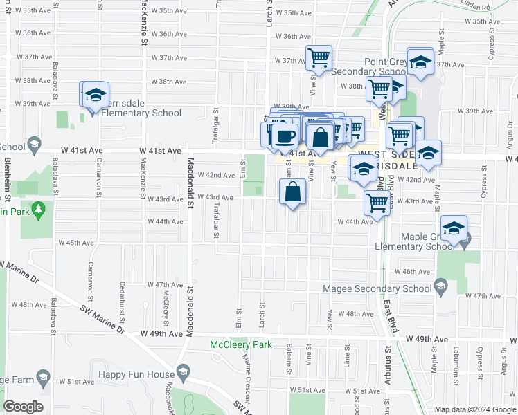 map of restaurants, bars, coffee shops, grocery stores, and more near 5925 Larch Street in Vancouver