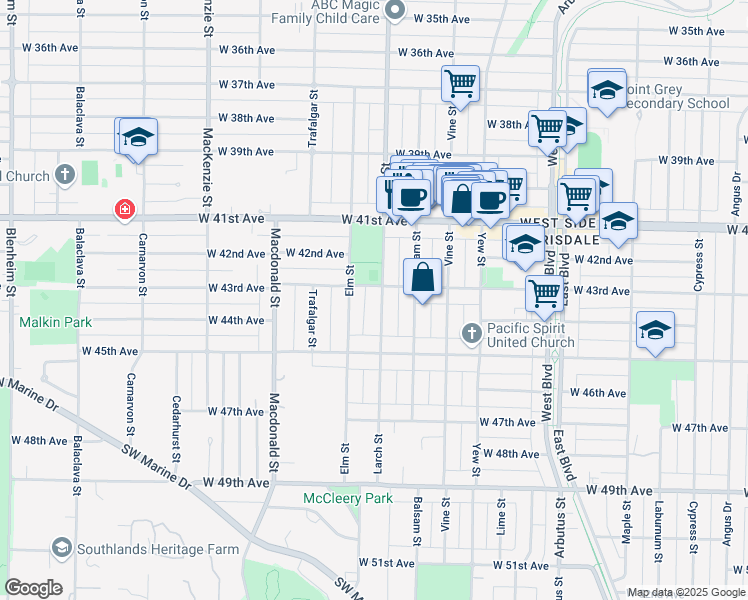 map of restaurants, bars, coffee shops, grocery stores, and more near 5925 Larch Street in Vancouver