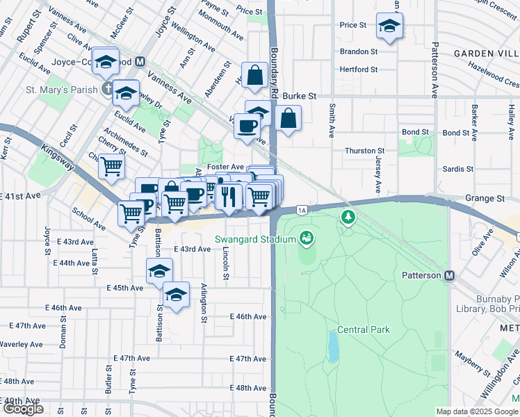 map of restaurants, bars, coffee shops, grocery stores, and more near 3665 Kingsway in Vancouver