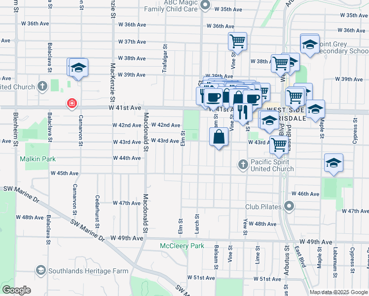 map of restaurants, bars, coffee shops, grocery stores, and more near 5938 Elm Street in Vancouver