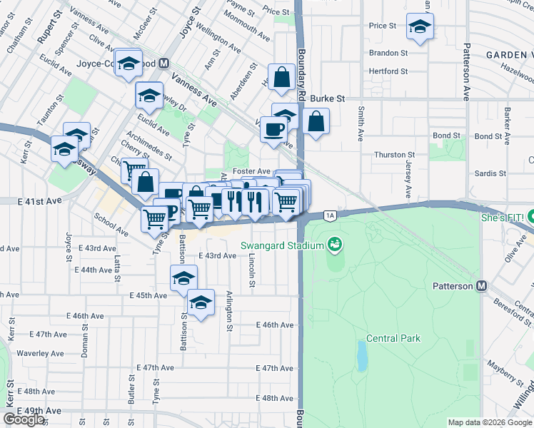 map of restaurants, bars, coffee shops, grocery stores, and more near 3619 Kingsway in Vancouver