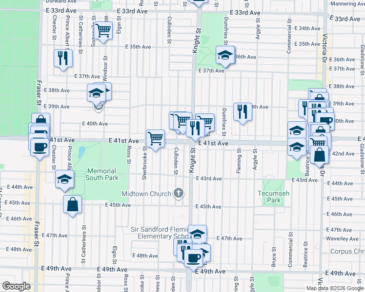 map of restaurants, bars, coffee shops, grocery stores, and more near 1380 East 41st Avenue in Vancouver