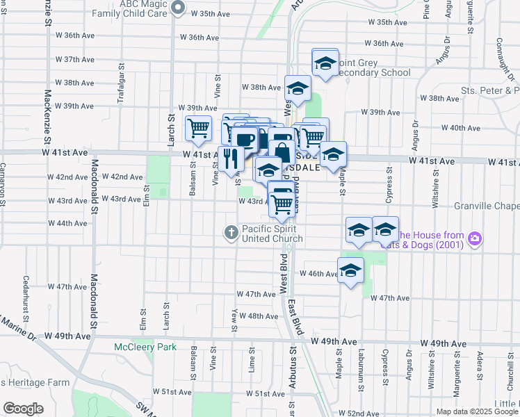 map of restaurants, bars, coffee shops, grocery stores, and more near 2146 West 43rd Avenue in Vancouver