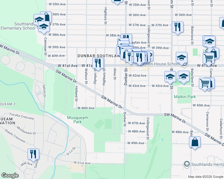 map of restaurants, bars, coffee shops, grocery stores, and more near 6005 Alma Street in Vancouver