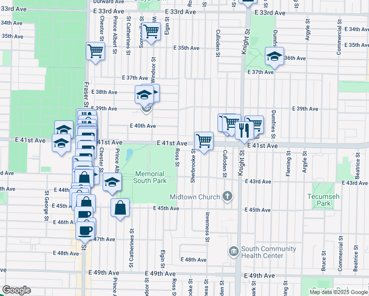 map of restaurants, bars, coffee shops, grocery stores, and more near in Vancouver