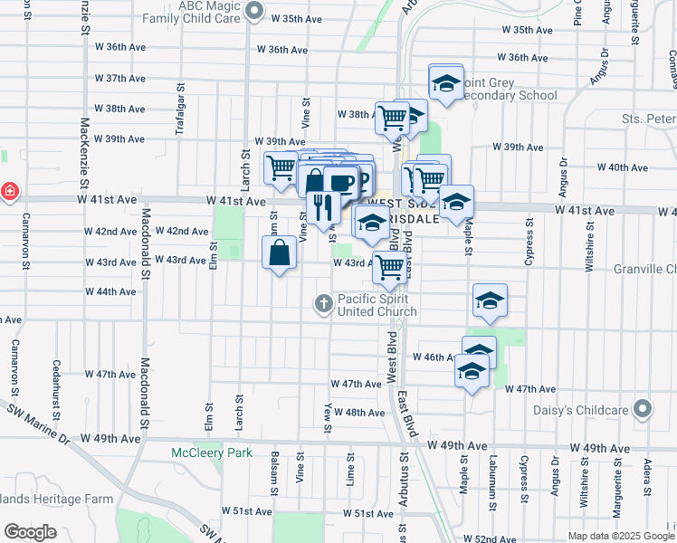 map of restaurants, bars, coffee shops, grocery stores, and more near in Vancouver