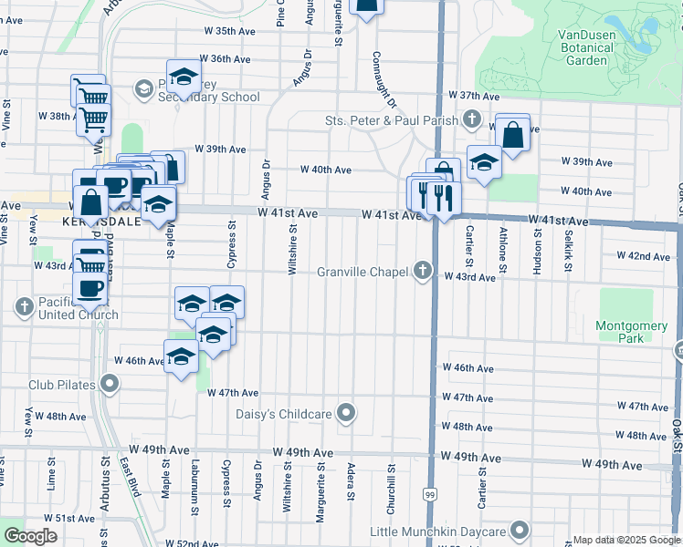 map of restaurants, bars, coffee shops, grocery stores, and more near West 43rd Avenue in Vancouver