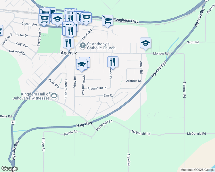 map of restaurants, bars, coffee shops, grocery stores, and more near 7327 Prasmount Place in Agassiz