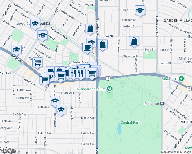 map of restaurants, bars, coffee shops, grocery stores, and more near 5675 Boundary Road in Vancouver