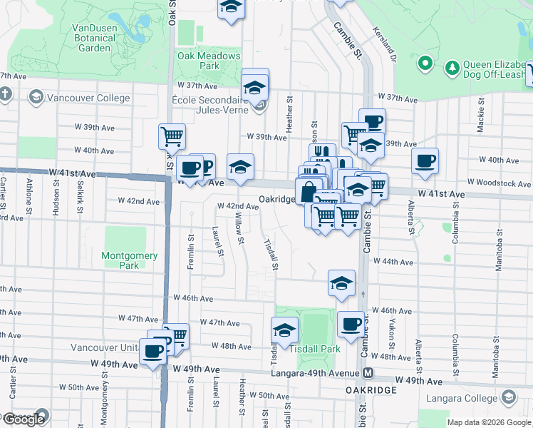 map of restaurants, bars, coffee shops, grocery stores, and more near 5826 Tisdall Street in Vancouver