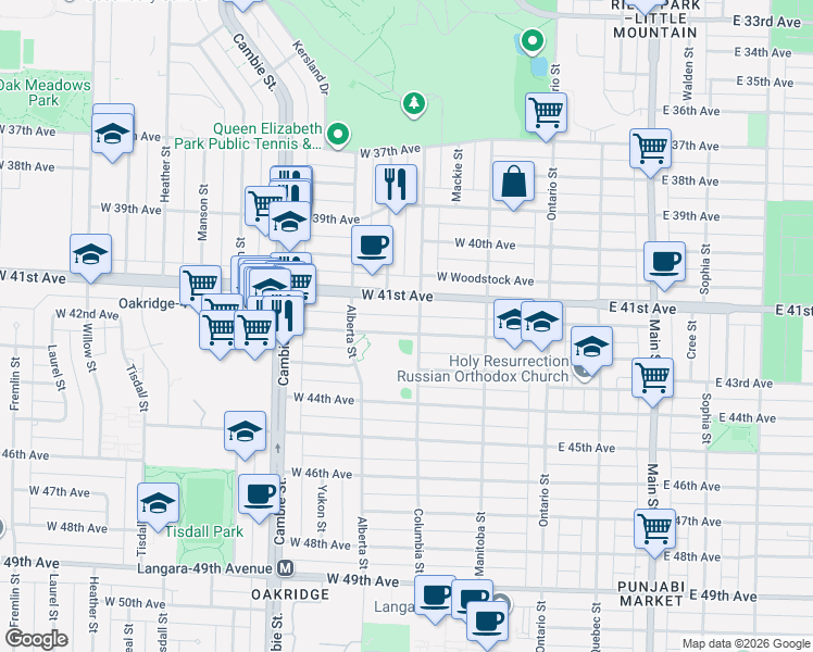 map of restaurants, bars, coffee shops, grocery stores, and more near 219 West 42nd Avenue in Vancouver