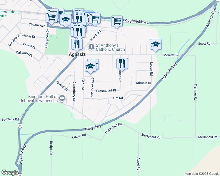 map of restaurants, bars, coffee shops, grocery stores, and more near 7311 Prasmount Place in Agassiz