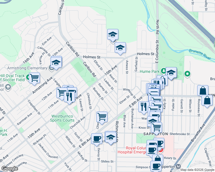 map of restaurants, bars, coffee shops, grocery stores, and more near 914 Ladner Street in New Westminster