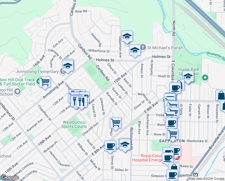 map of restaurants, bars, coffee shops, grocery stores, and more near 922 Surrey Street in New Westminster