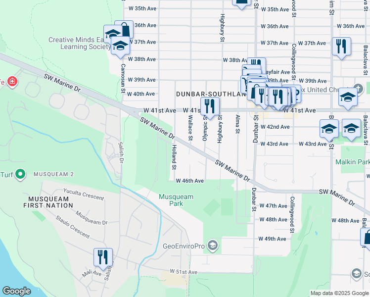 map of restaurants, bars, coffee shops, grocery stores, and more near 3906 Southwest Marine Drive in Vancouver