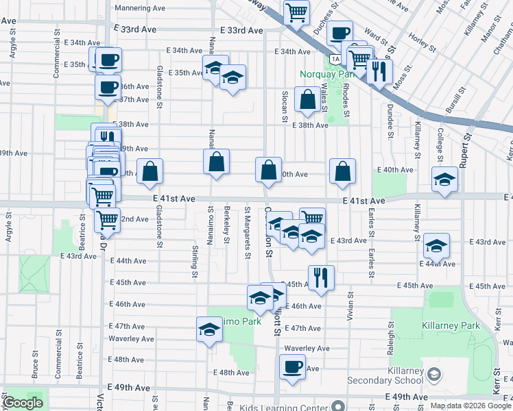 map of restaurants, bars, coffee shops, grocery stores, and more near 2472 East 41st Avenue in Vancouver