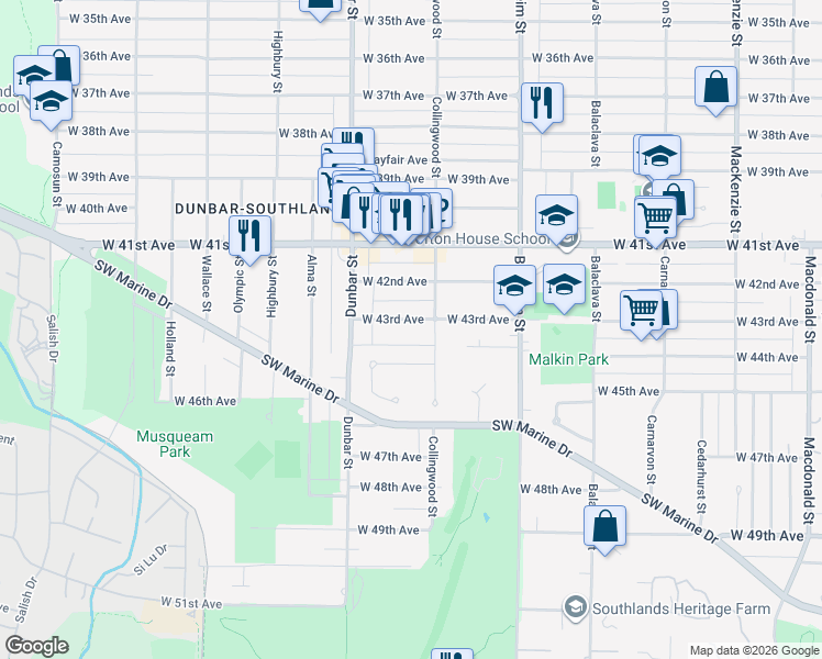map of restaurants, bars, coffee shops, grocery stores, and more near 3532 West 43rd Avenue in Vancouver