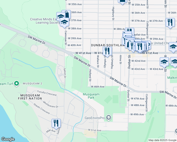 map of restaurants, bars, coffee shops, grocery stores, and more near 5937 Holland Street in Vancouver
