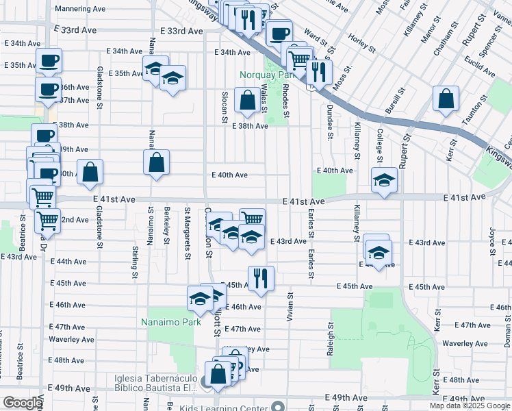 map of restaurants, bars, coffee shops, grocery stores, and more near 2682 East 41st Avenue in Vancouver