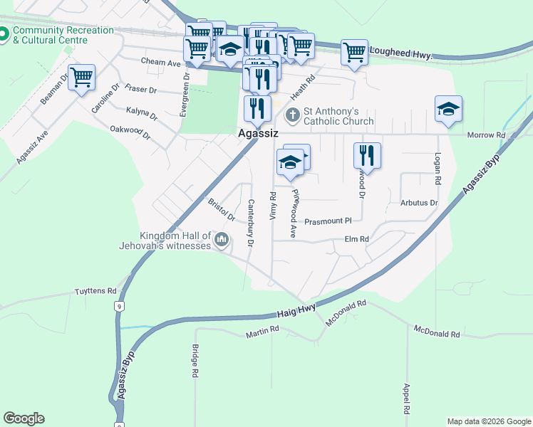 map of restaurants, bars, coffee shops, grocery stores, and more near 1549 Vimy Road in Agassiz