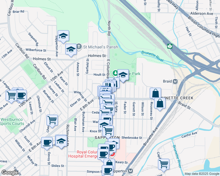 map of restaurants, bars, coffee shops, grocery stores, and more near 524 East Columbia Street in New Westminster