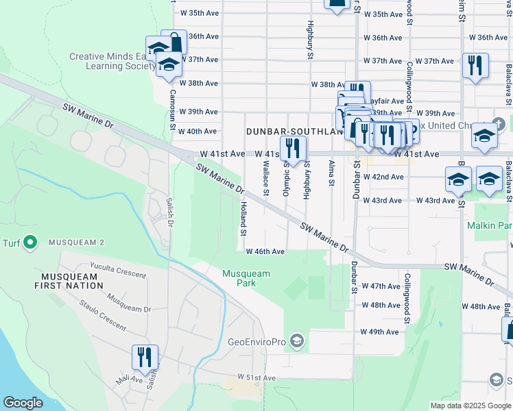 map of restaurants, bars, coffee shops, grocery stores, and more near 3912 Southwest Marine Drive in Vancouver