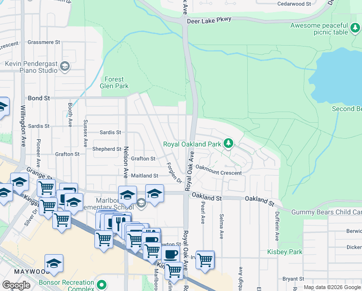 map of restaurants, bars, coffee shops, grocery stores, and more near 5691 Royal Oak Avenue in Burnaby