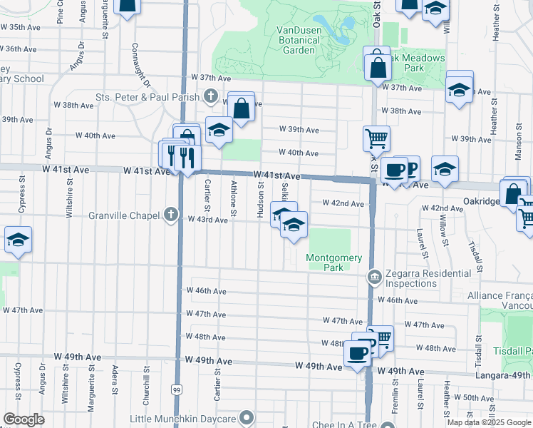 map of restaurants, bars, coffee shops, grocery stores, and more near 5870 Hudson Street in Vancouver