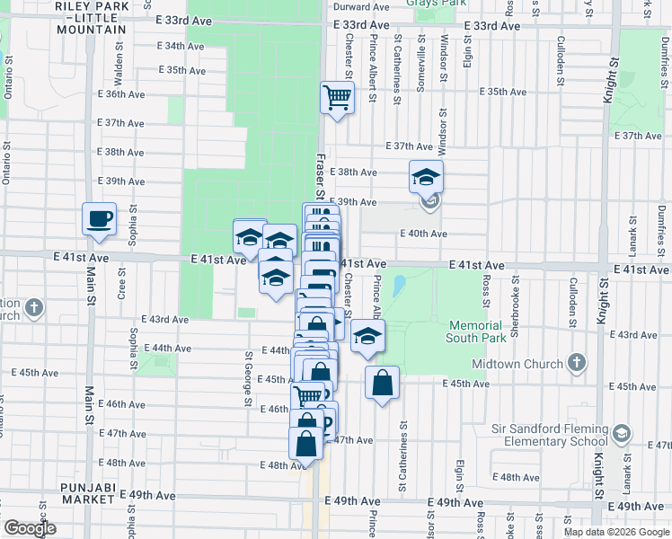 map of restaurants, bars, coffee shops, grocery stores, and more near 716 East 41st Avenue in Vancouver