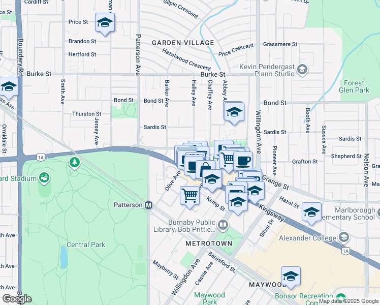 map of restaurants, bars, coffee shops, grocery stores, and more near 4288 Grange Street in Burnaby