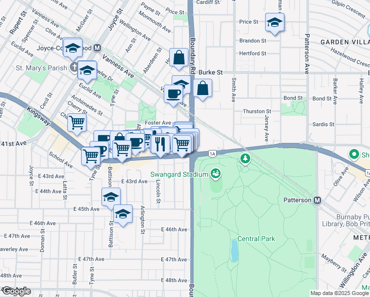 map of restaurants, bars, coffee shops, grocery stores, and more near 3665 Kingsway in Vancouver