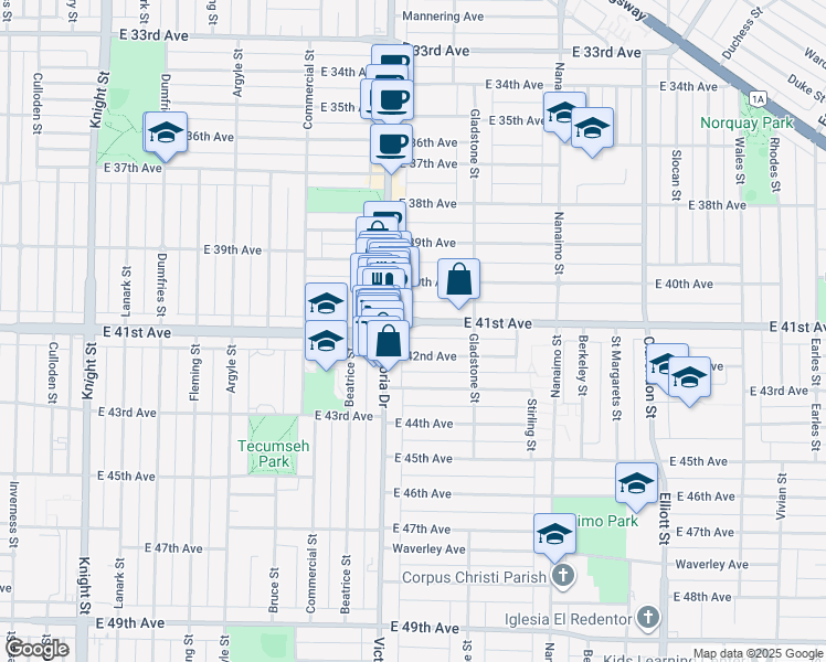 map of restaurants, bars, coffee shops, grocery stores, and more near 2052 East 41st Avenue in Vancouver