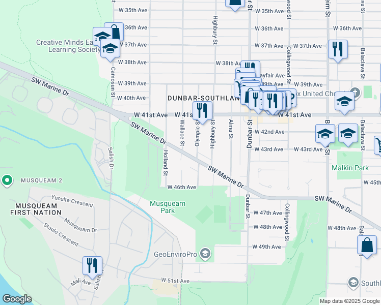 map of restaurants, bars, coffee shops, grocery stores, and more near 3867 Southwest Marine Drive in Vancouver