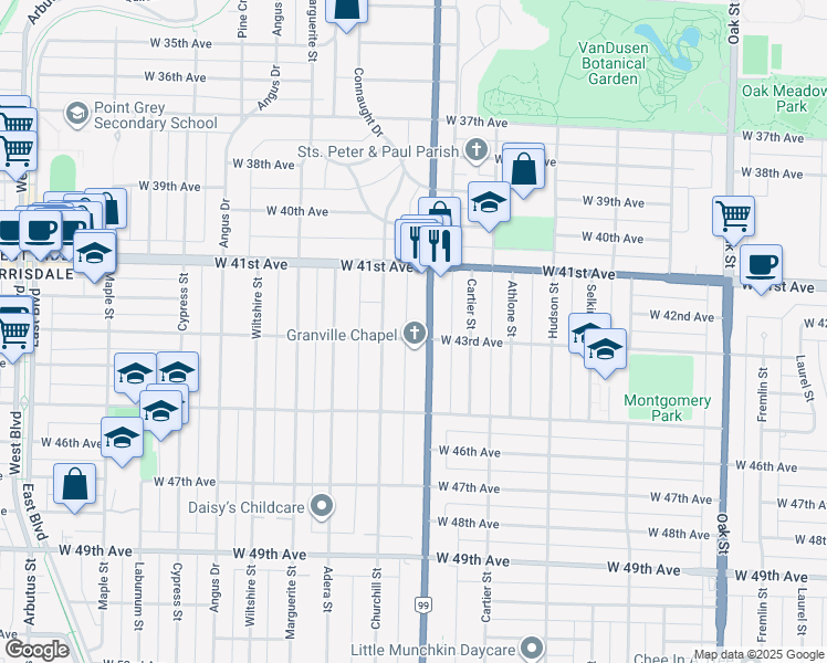 map of restaurants, bars, coffee shops, grocery stores, and more near 5889 Granville Street in Vancouver