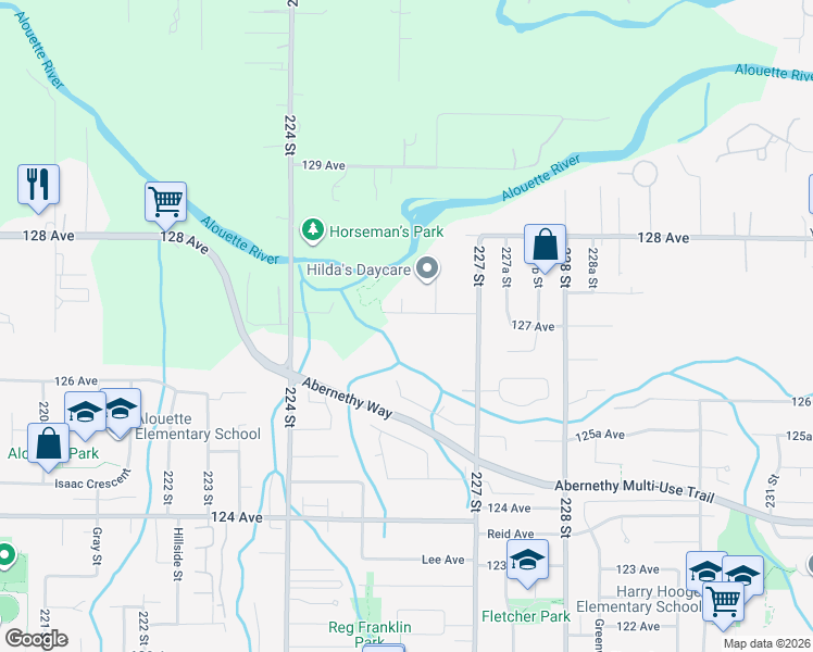 map of restaurants, bars, coffee shops, grocery stores, and more near 22558 127 Avenue in Maple Ridge