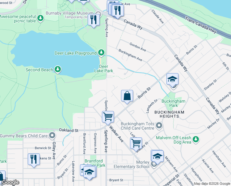 map of restaurants, bars, coffee shops, grocery stores, and more near 5750 Malvern Avenue in Burnaby