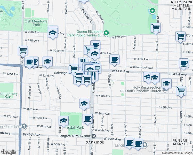 map of restaurants, bars, coffee shops, grocery stores, and more near 485 West 42nd Avenue in Vancouver